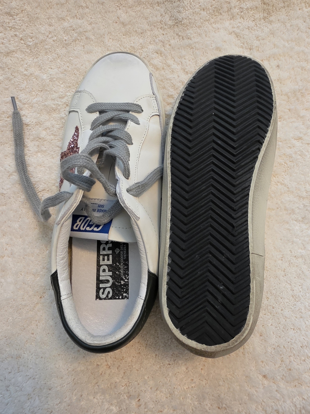 Golden Goose White Low-Top Sneakers with Gray Laces and Pink Glitter Star